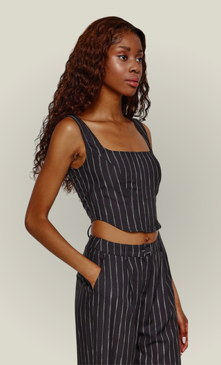 Navy Pinstripe Lace Up Corset Top