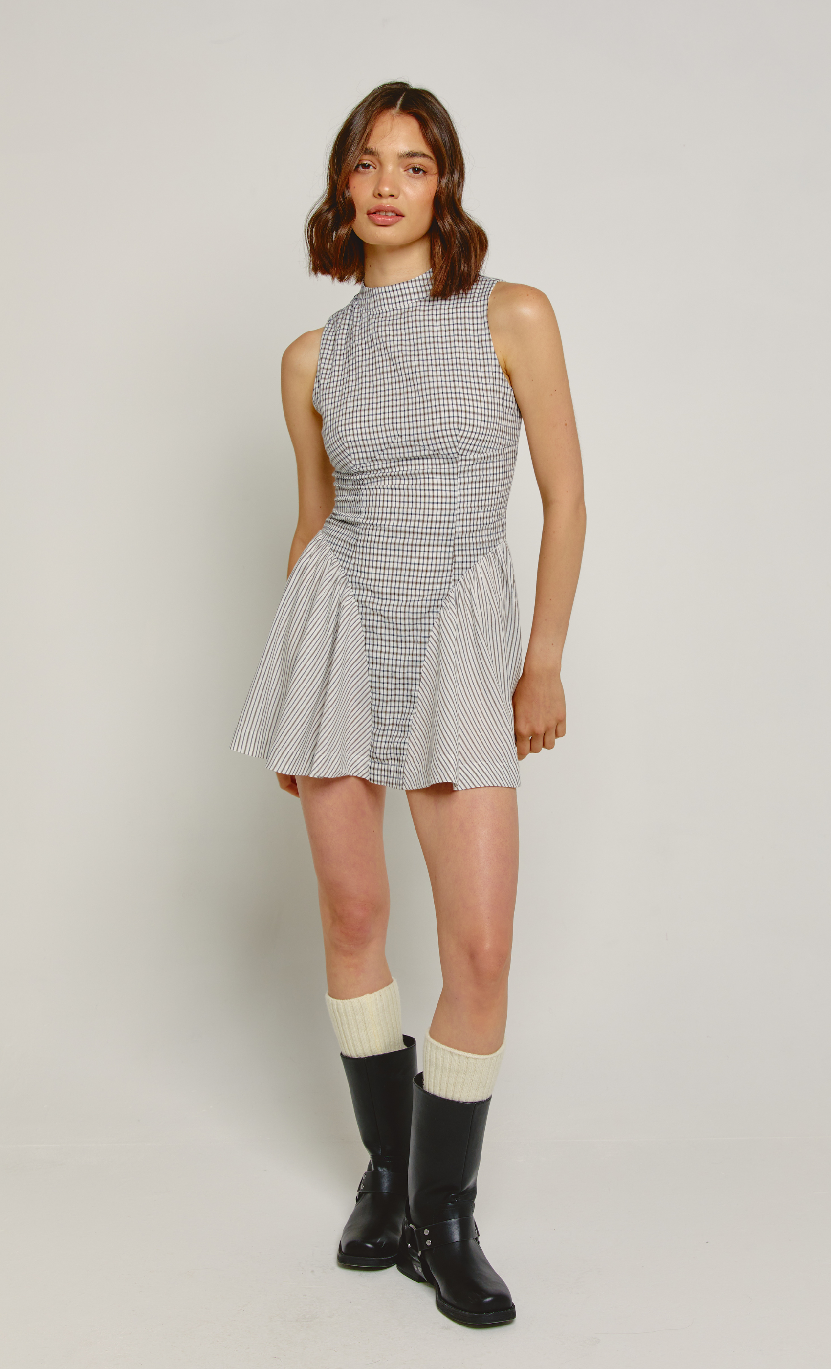 Beige Check High Neck Mini Dress Another Girl Beige Check High Neck Mini Dress Another Girl