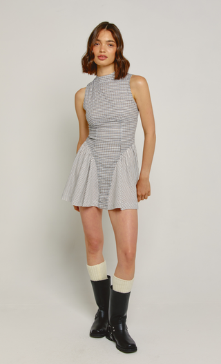 Beige Check High Neck Mini Dress
