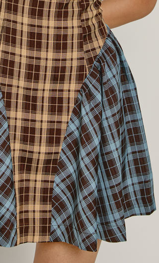 Brown & Blue Check High Neck Mini Dress