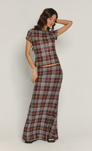 Brown & Blue Checkered Mesh Maxi Skirt