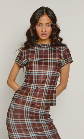 Brown & Blue Checkered Mesh High Neck Top