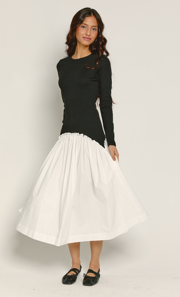 green emerald velvet dress Black & White Drop Waist Pleated Midi Dress – Rare London main image 0
