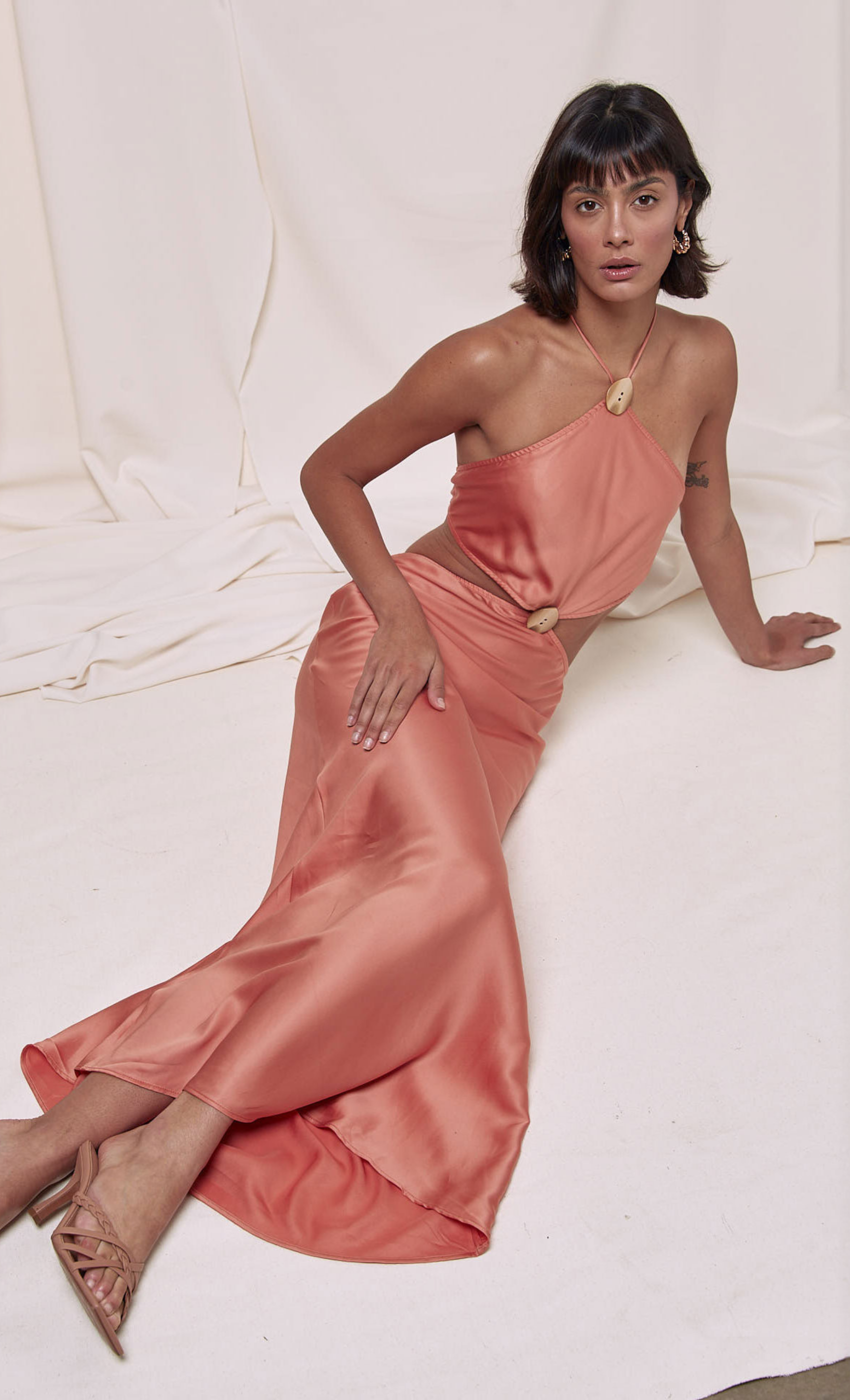 Coral Satin Halter Neck Maxi Dress with Shell Detailing – Another Girl Coral Satin Halter Neck Maxi Dress with Shell Detailing – Another Girl