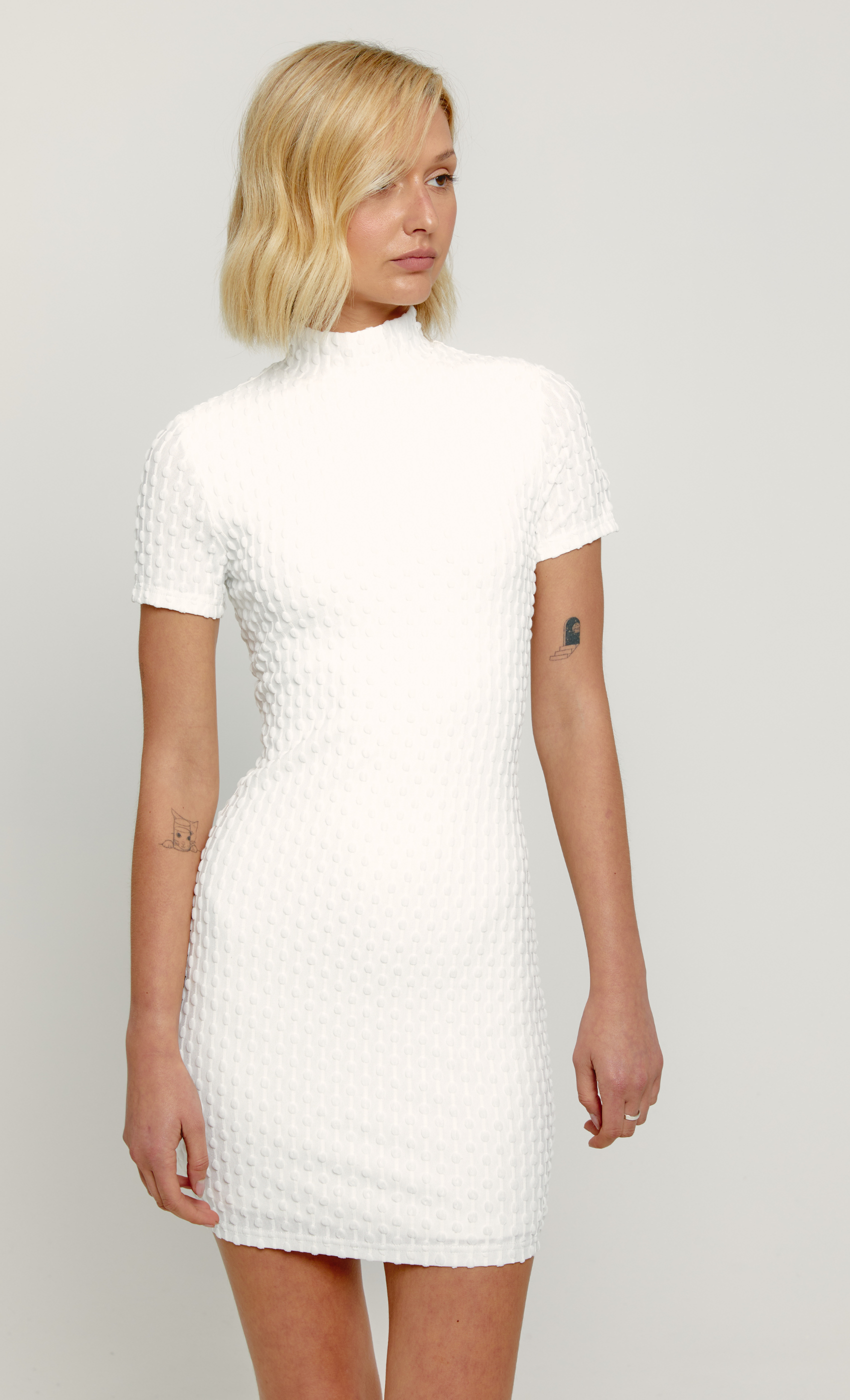 white high neck mini dress White High Neck Textured Mini Dress
