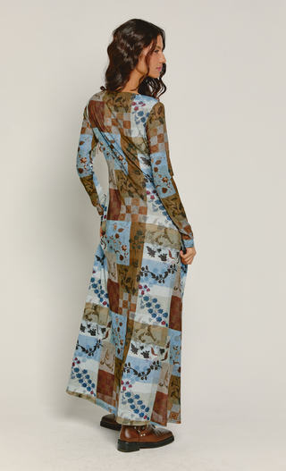 Blue & Brown Patchwork Mesh Boat Neck Maxi Dress