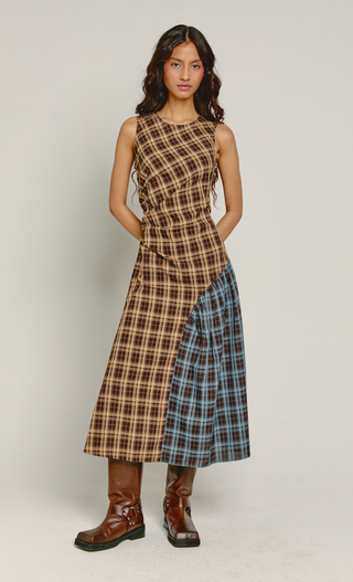 Brown & Blue Check Midaxi Dress
