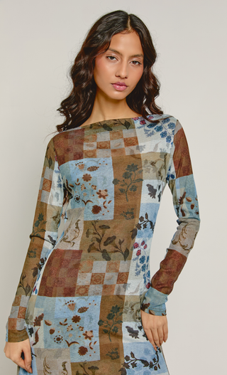 Blue & Brown Patchwork Mesh Boat Neck Maxi Dress