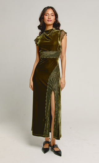 Olive Lace Trim Velvet Maxi Dress