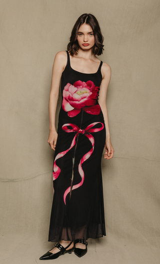 Black Digital Mesh Flower Maxi Dress