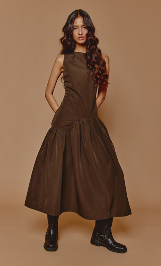 Brown Seam Drop Waist Midi Dress