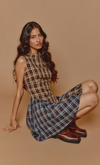 Brown & Blue Check High Neck Mini Dress