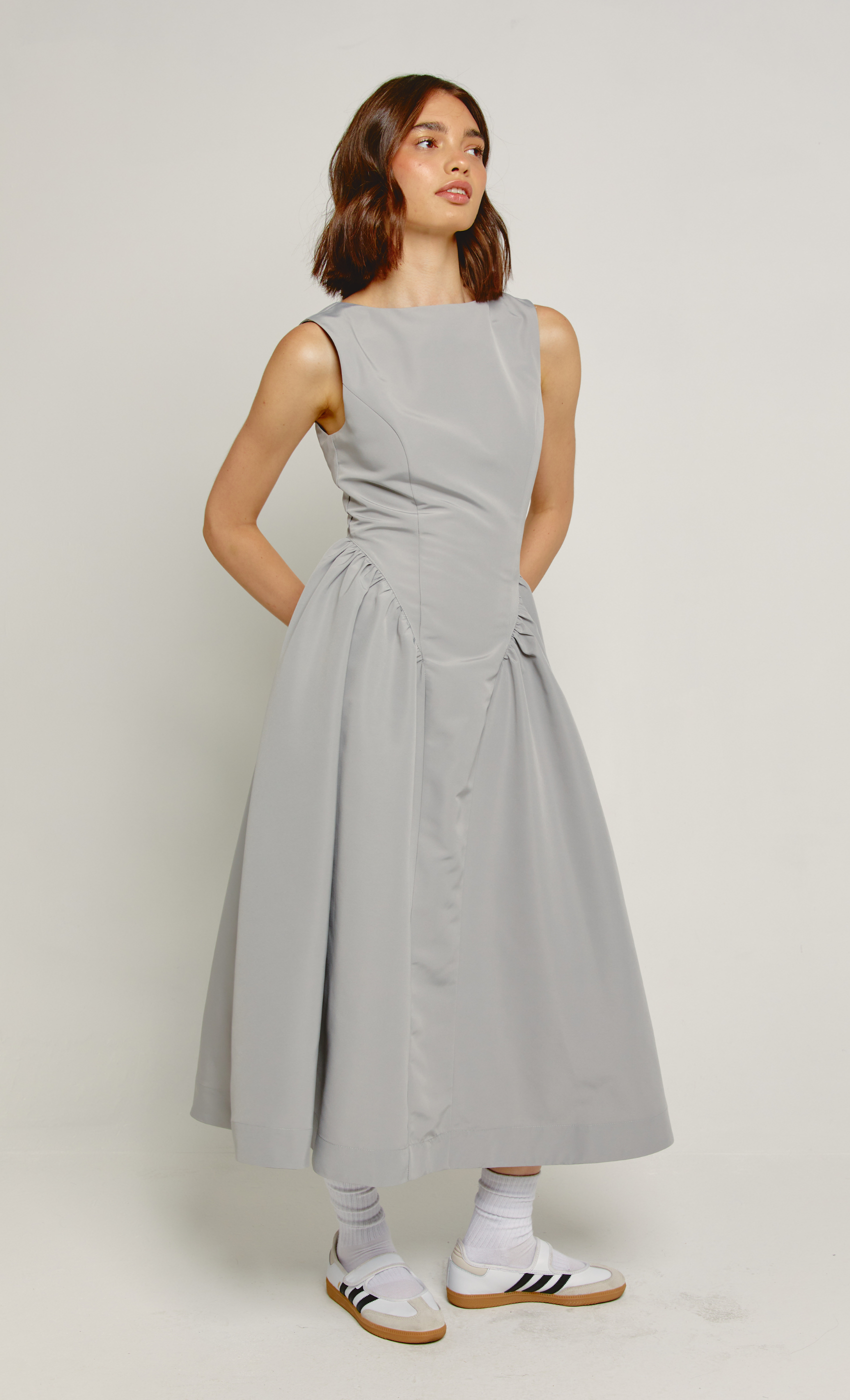 Grey Midi Dress with Gathered Waist Another Girl Grey Midi Dress with Gathered Waist Another Girl