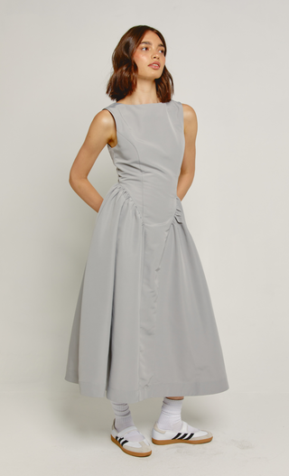 Grey Midi Dress with Gathered Waist