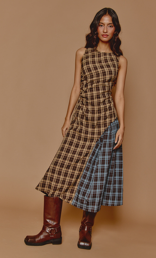 Brown & Blue Check Midaxi Dress