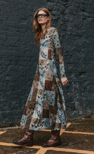 Blue & Brown Patchwork Mesh Boat Neck Maxi Dress