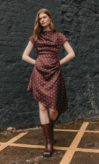 Chocolate Polka Dot Asymmetric Midi Dress