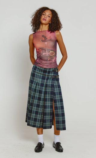Navy Tartan Buckle Detail Kilt Midi Skirt