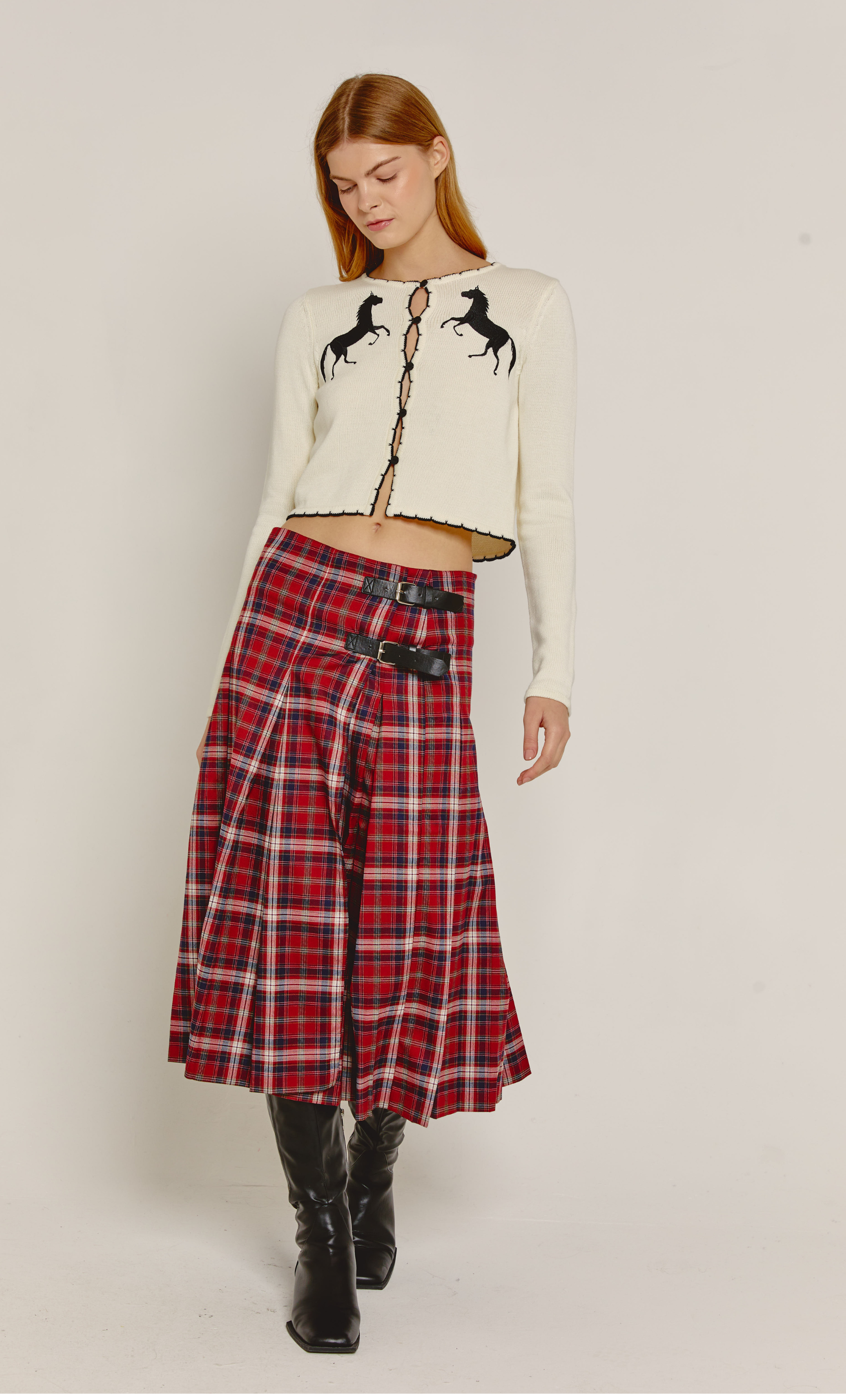 Red Tartan Buckle Detail Midi Skirt – Another Girl