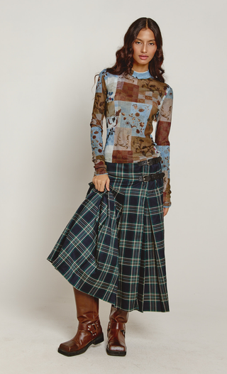 Blue & Brown Patchwork Mesh High Neck Top