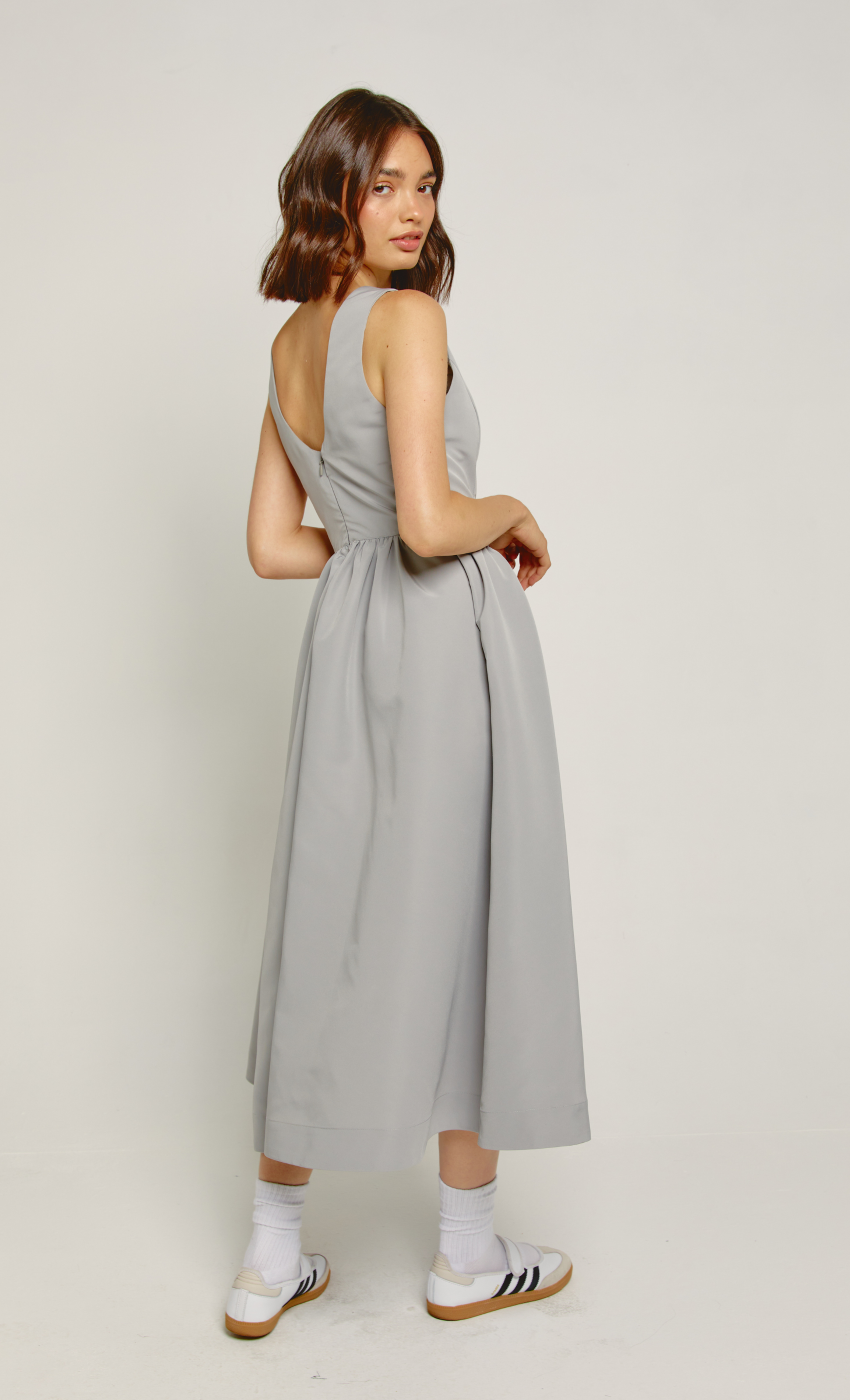 grey midi dress Grey Midi Dress with Gathered Waist – Another Girl