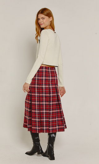 Red Tartan Buckle Detail Midi Skirt