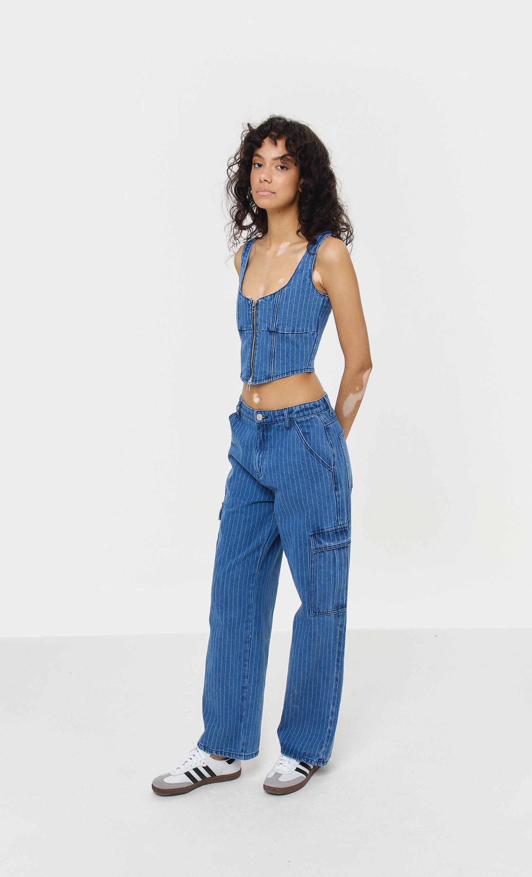PINSTRIPE ZIP FRONT DENIM CORSET Another Girl