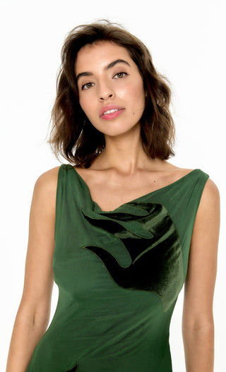 GREEN BLAZE VELVET BIAS DRESS