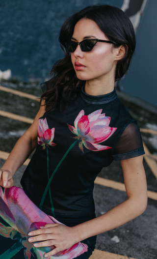 Black Digital Print Flower Mesh Top