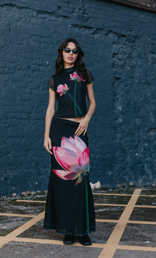 Black Digital Print Flower Mesh Maxi Skirt