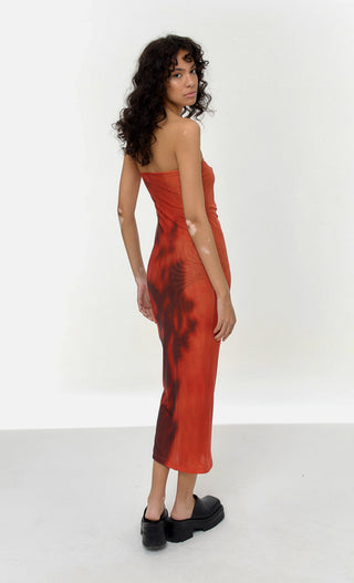 PRINT MESH BANDEAU MIDI DRESS