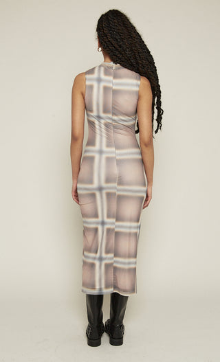 Beige Checked Sleeveless High Neck Maxi Dress