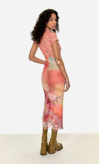 PRINTED MESH PANEL MIDI DRESS