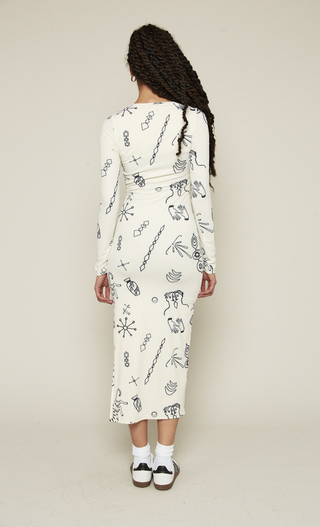 White Doodle Print Mesh Maxi Dress