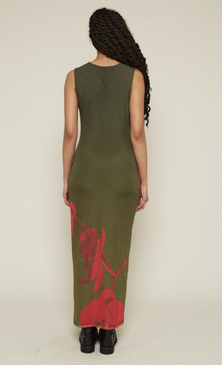 Khaki Printed Orchid Mesh Maxi Dress