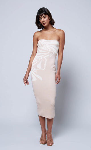 BEIGE JACQUARD KNIT BANDEAU MIDI DRESS