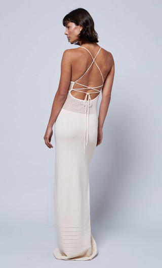 CREAM CROCHET KNIT LACE UP MAXI DRESS