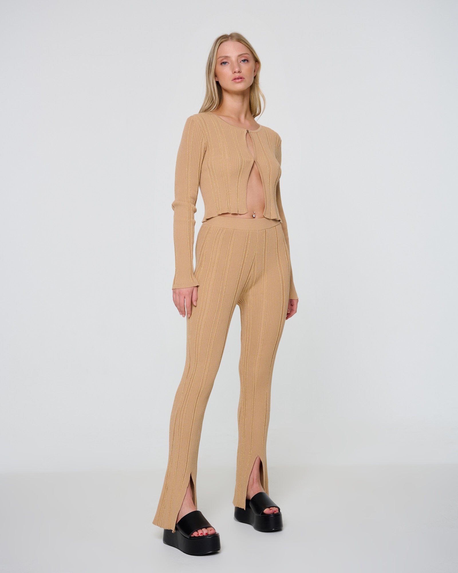 Beige ribbed cardigan sales