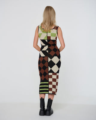 Checkerboard Patchwork Patchwork Knit Midi Dress