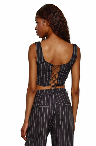 Navy Pinstripe Lace Up Corset Top