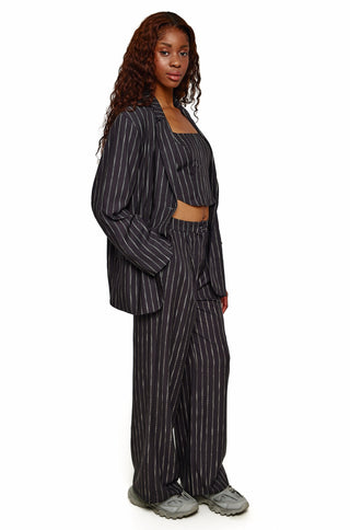 Navy Pinstripe Wide Leg Trousers