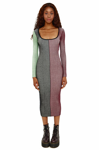 Colourblock Knit Rib Long Sleeve Midi Dress