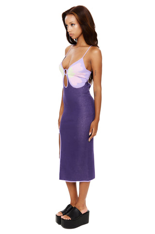 Purple Flower Knit Midi Dress
