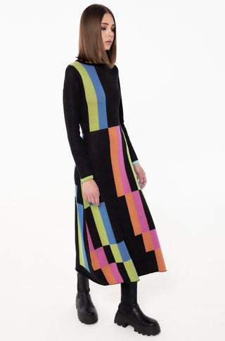 Colourblock Flared Knit Midi Dress