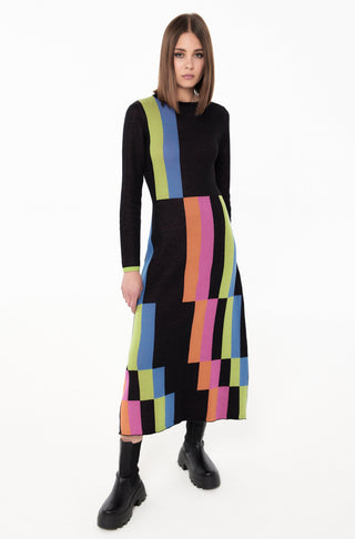Colourblock Flared Knit Midi Dress