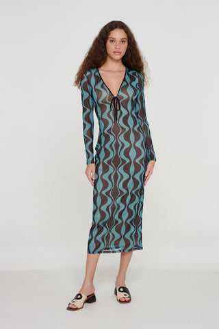 Recycled Wavy Print Tie Front Mesh Midi Dress