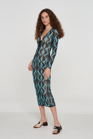 Recycled Wavy Print Tie Front Mesh Midi Dress