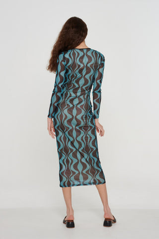 Recycled Wavy Print Tie Front Mesh Midi Dress