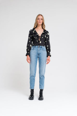 Organic Floral Embroidered Tie Front Blouse