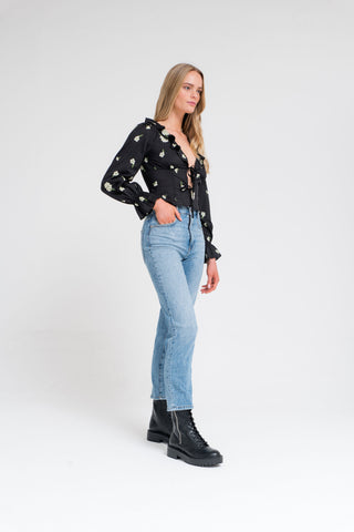 Organic Floral Embroidered Tie Front Blouse